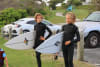 Leo O'Rafferty, left, and Beau Hall meet at Rainbow Beach to warm up for this weekend's Surf Reflections Junior Series 