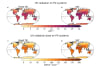 UV radiation for a fixed tilt (a) and SAT (b) system for 2004-2024. Panel (c) and (d) show UV radiation dose on fixed tilt and SAT system respectively. The black dashed line shows the equator.
Image from UNSW