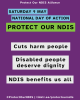 Artwork with text reading Saturday 9 May, National Day of Action, Protect Our NDIS, Cuts harm people. Disabled people deserve dignity. NDIS benefits us all.