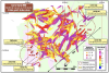 Cerro Verde plan view showing the MRE block coloured by gold (g/t), diamond drill traces (grey), latest significant trench/ channel results and new areas of epithermal mineralisation being explored by surface mapping and trenching programs.