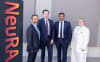 Eli Lilly's Dr Manny Simons, NeuRA's Professor Matthew Kiernan AM and Roche Diagnostics' Anand Vairavan with MC and NeuRA Chief Research Officer, Tegan Cox, after signing a three-way collaboration to tackle Alzheimer's Disease. 