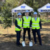 Tree planting ceremony at Melrose Wharf. The trees will become a permanent part of the 15,000m2 foreshore parkland. L to R: NSW Minister for Planning, Paul Scully; Member for Parramatta, Andrew Charlton; Parramatta Lord Mayor, Martin Zaiter.
