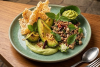 Nattawat Theeraloetphanit's Charred Australian avocado with northern Thai larb, avocado nam prik 
  & crispy rice 