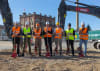Jan Zuurbier (CEO, Swisslog, second from the left) joins leaders from Feldschlösschen, Erne, Salathé Architects, Otto Partner Architects, and Jauslin Stebler in breaking ground on a new modern logistics centre in in Rheinfelden.