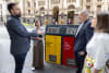 City of Melbourne Councillors Rafael Camillo and Gladys Liu with Darren O'Donohoe, CEO, Superfy, and Consul-General of Ireland Melbourne Marie-Claire Hughes at the Superfy S200 Brite bin outside Town Hall, Melbourne  