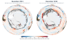 Antarctic sea ice and ocean salinity in Dec 2013 (high ice) and Dec 2016 (low ice). White and grey show sea ice. Blue shading represents waters that are fresher than usual, and red shading represents saltier waters. 