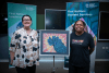 Sharona Dardoongarly Bishop (right) with her winning artwork 'Wise One' pictured alongside friend and mentor, CDU Faculty of Education Lecturer, Joanne Forrest.