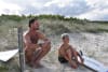 Joe Haddon and son Lakey at Nine Mile Beach, Tuncurry. Lakey is competing at the Reflections Cadet Cup at this beach, and his brother Aloha is hoping to join him. 