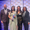 Caption: Winners of the Our Watch Award for Excellence in Reporting on Violence Against Women, The ABC's News Breakfast Team, from left Executive Producer Tyson Shine, Producer Tavleen Singh and Anchor Bridget Brennan with Our Watch's Regan Mitchell.