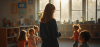 Image of childcare worker in a classroom with children - AI