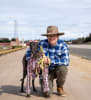 Trainer Glen Quirk with Barney, at Goulburn racetrack, all set in their flannelette shirts for Flanno for a Farmer day tomorrow.