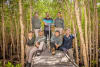 The team on a boardwalk through the mangroves. Back row: George Singleton, Gavin Singleton, Ashlyn Skeene. Front row: Lucy Friend, Tarquin Singelton, Mathew Skeene, Peter Macreadie. Credit: Through The Looking Glass Studio.